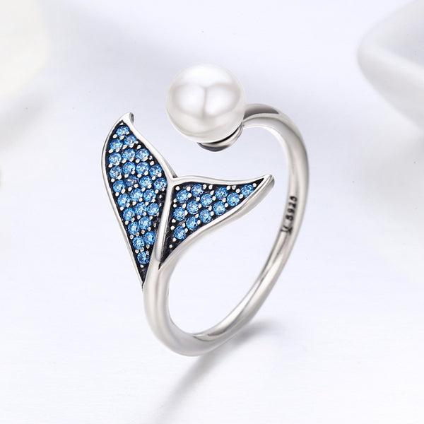 Presentski Mermaid Tail Ring, S925 Sterling Silver Dolphin Tail Adjustable Finger Ring for Women Girls Open Ring with Blue Cubic Zirconia& Shell Pearl Valentine's Day Mother's Day Gift