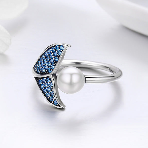 Presentski Mermaid Tail Ring, S925 Sterling Silver Dolphin Tail Adjustable Finger Ring for Women Girls Open Ring with Blue Cubic Zirconia& Shell Pearl Valentine's Day Mother's Day Gift