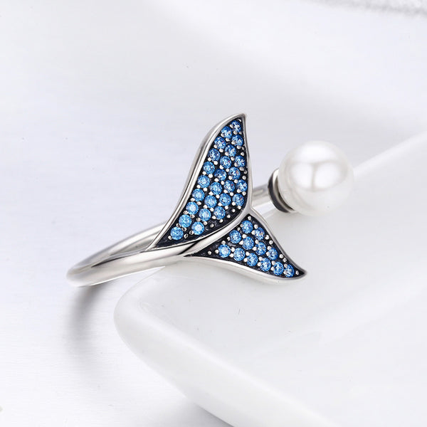 Presentski Mermaid Tail Ring, S925 Sterling Silver Dolphin Tail Adjustable Finger Ring for Women Girls Open Ring with Blue Cubic Zirconia& Shell Pearl Valentine's Day Mother's Day Gift