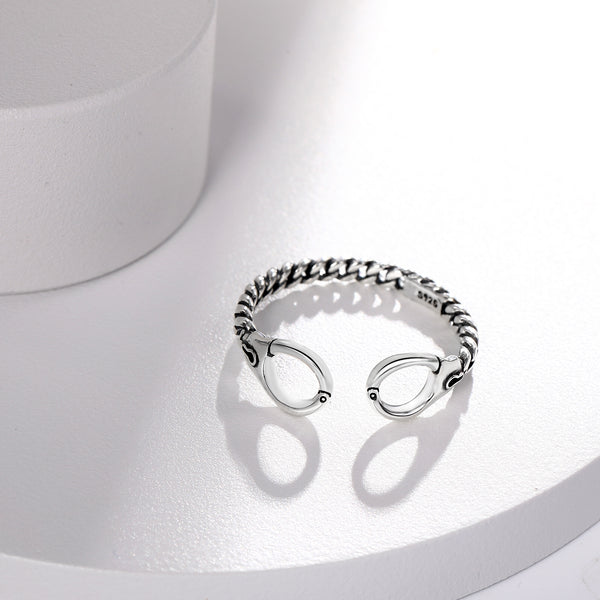 Presentski Handcuffs Open Creative Ring 925 Sterling Silver Simple Chain Link Stacking Adjustable Ring Dainty Jewelry Gift for Women Girls