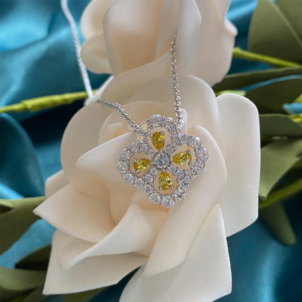 Snow Flower Pear Cut Sterling Yellow Silver Necklace