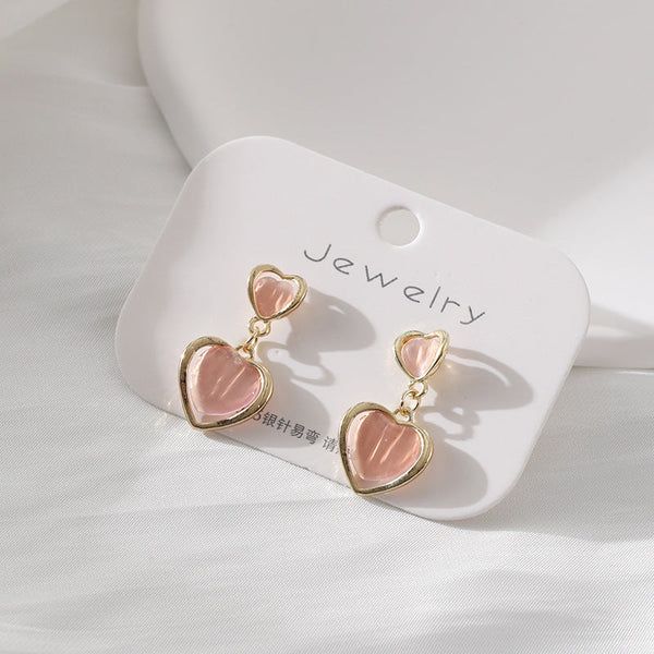 [TE005] Presentski Cat's Eye Stone Heart Connecting Earrings Women's Simple and Small Earrings