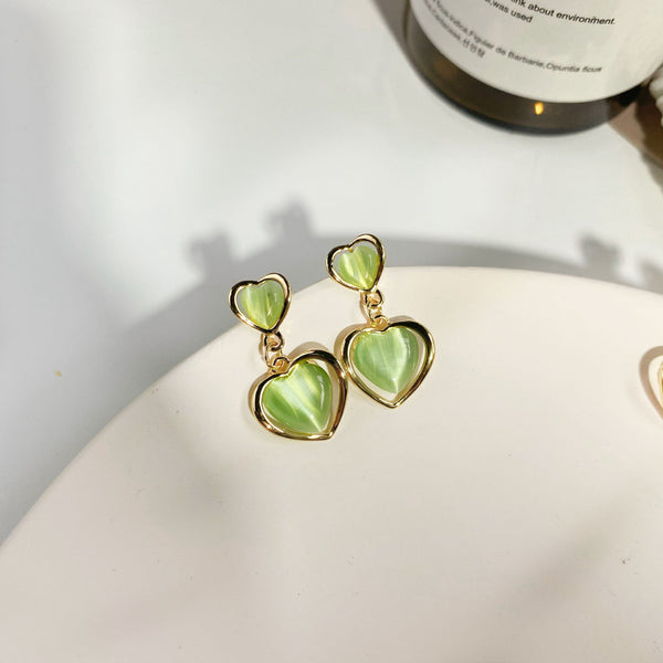 [TE005] Presentski Cat's Eye Stone Heart Connecting Earrings Women's Simple and Small Earrings