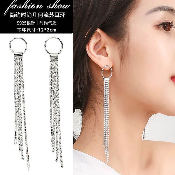 Presentski Fashion Quality Rhinestone Tassel Long Earrings Personality Versatile Creative Ring Extra Long Earrings TE018