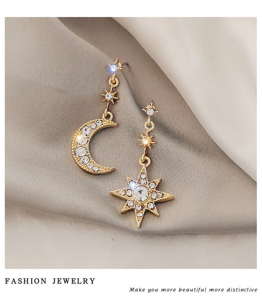 Presentski Shiny Octagonal Meter Shaped Awn Star Moon Asymmetric Female Earrings TE092