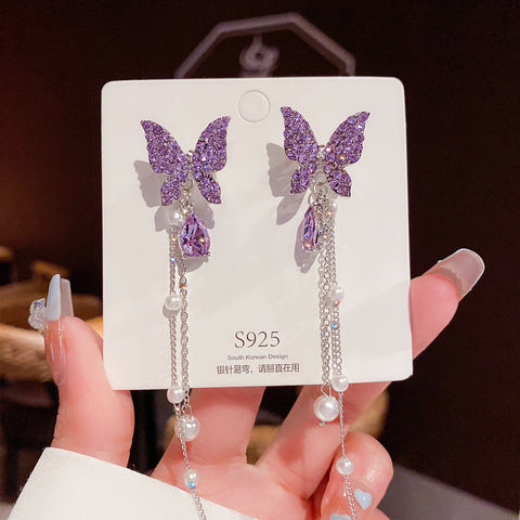 Presentski Purple Butterfly Tassel Earrings Women's Delicate Personality Temperament Fashion Long Earrings TE120