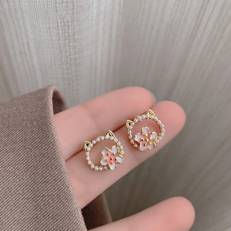 Presentski Pink Cherry Blossom Earrings Feminine Cat Face Fashion Earrings TE139