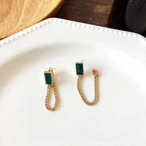 [TE199] Presentski Vintage Fashion Square Emerald Earrings Personalized Simple Back Hanging Chain Tassel Earrings