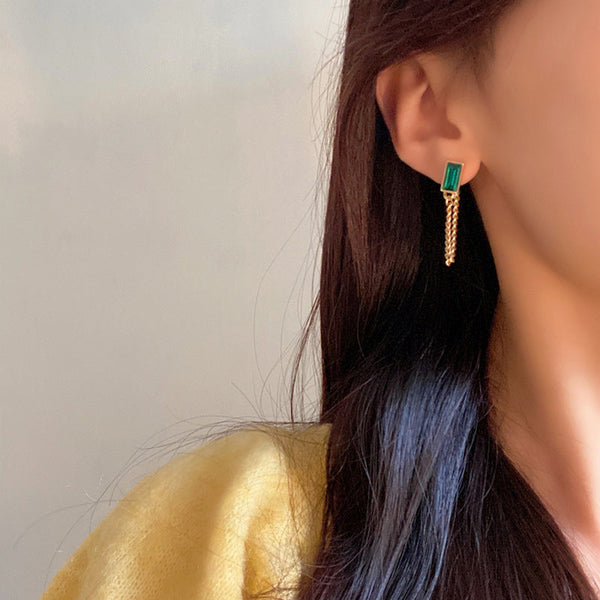 [TE199] Presentski Vintage Fashion Square Emerald Earrings Personalized Simple Back Hanging Chain Tassel Earrings