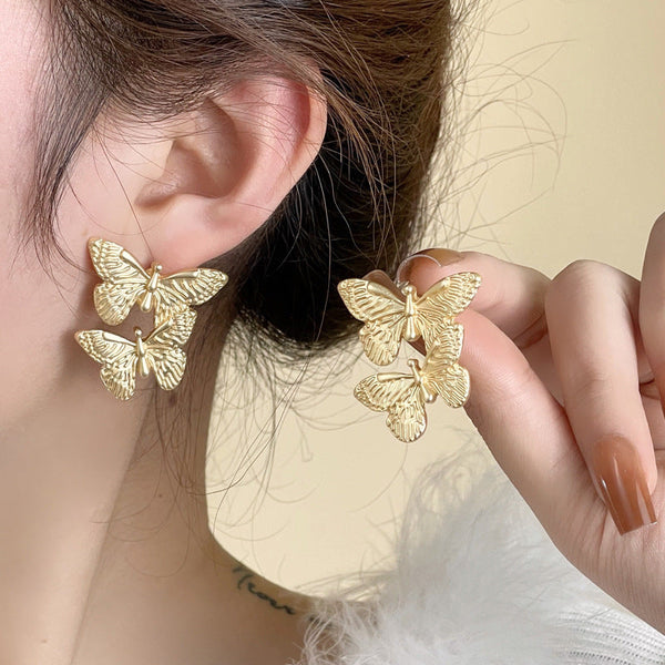 [TE226] Presentski Double Butterfly Earrings Metal Vintage Earrings