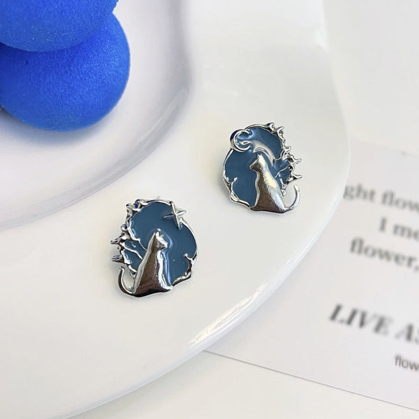 [TE245] Presentski Temperament Blue Cat Earrings Personality Irregular Female Fashionable Earrings