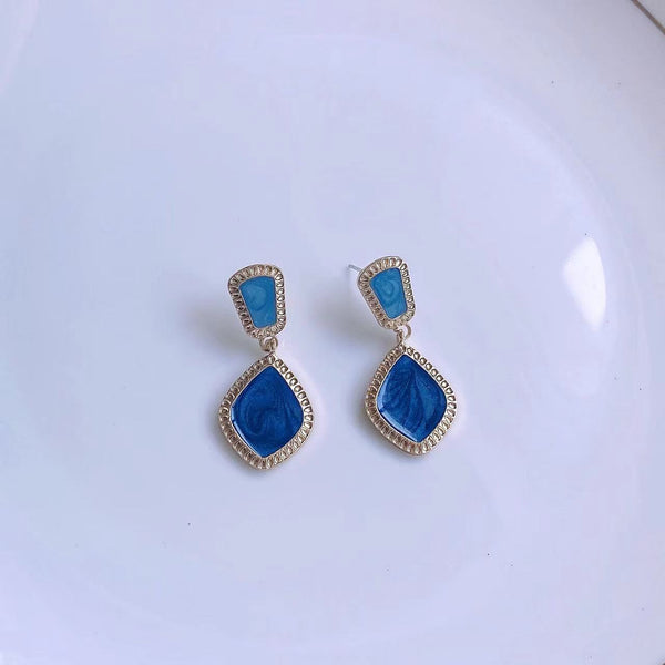 [TE259] Presentski Blue Drop Oil Earrings Vintage Style Long Geometric Earrings