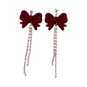 [TE261] Presentski Wine Bow Earrings Long Zircon Chain Vintage Earrings