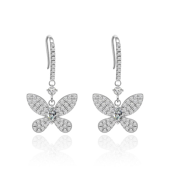 Bow Princess Cut Sterling Silver Butterfly Drop Earrings