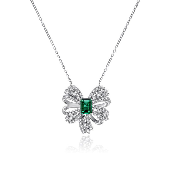 Bowtie Lab-Created Emerald 925 Sterling Silver Necklace