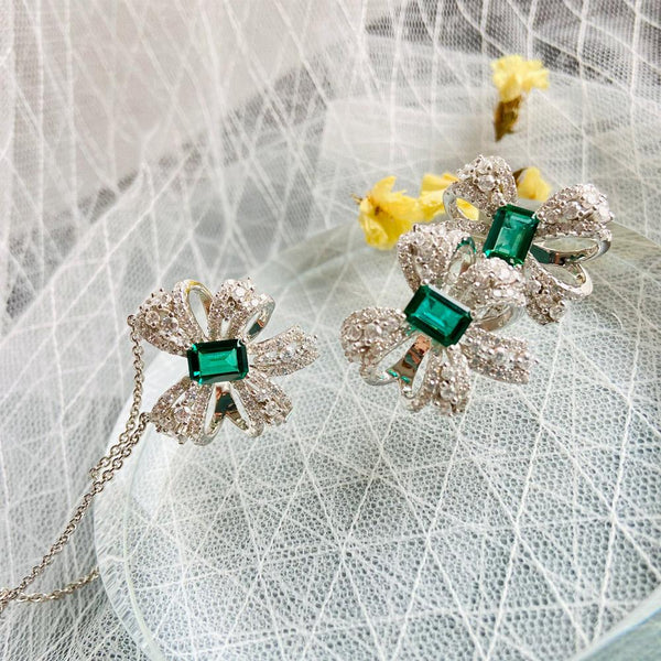 Bowtie Lab-Created Emerald 925 Sterling Silver Earrings