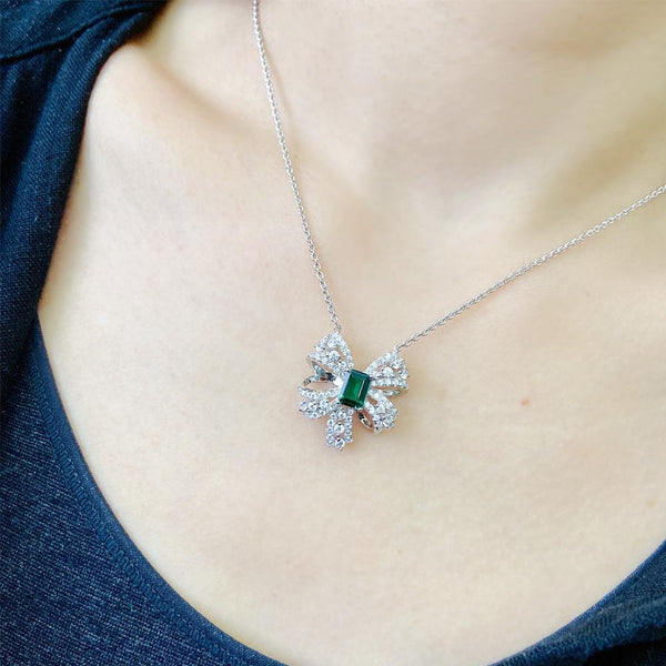 Bowtie Lab-Created Emerald 925 Sterling Silver Necklace