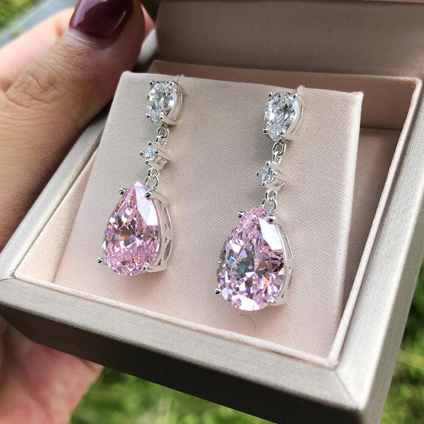 Classic Pear Shaped Sterling Silver Pink Drop Earrings