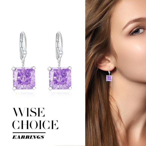 Classical Cushion Cut Sterling Silver Purple Drop Earrings