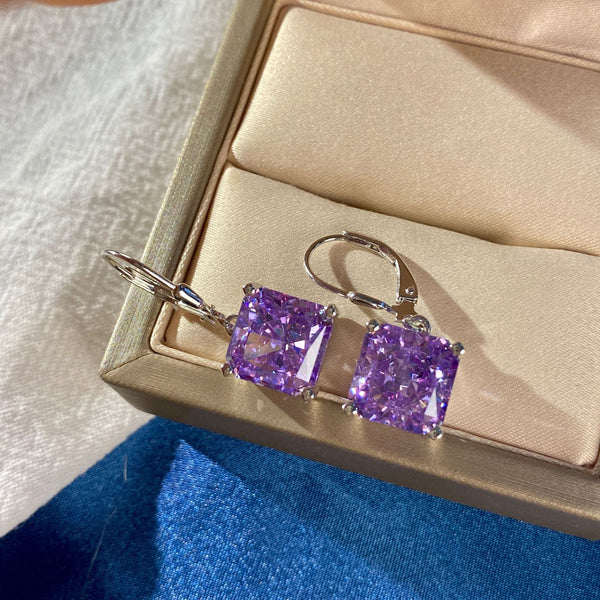 Classical Cushion Cut Sterling Silver Purple Drop Earrings