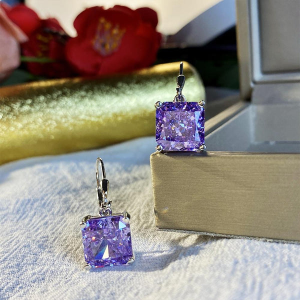 Classical Cushion Cut Sterling Silver Purple Drop Earrings