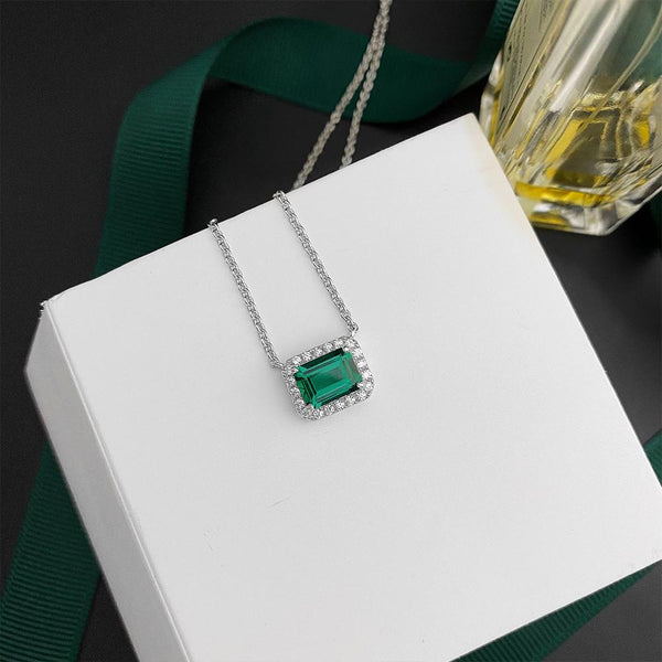 Classical Emerald Cut Sterling Silver Pendant Necklace