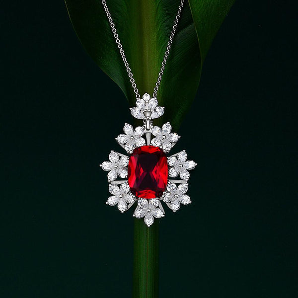 Crown Flowers Ruby Sterling Silver Pendant Necklace