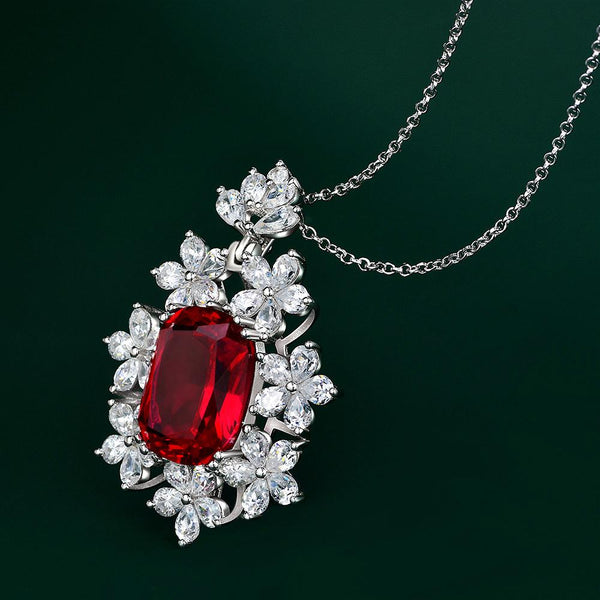 Crown Flowers Ruby Sterling Silver Pendant Necklace