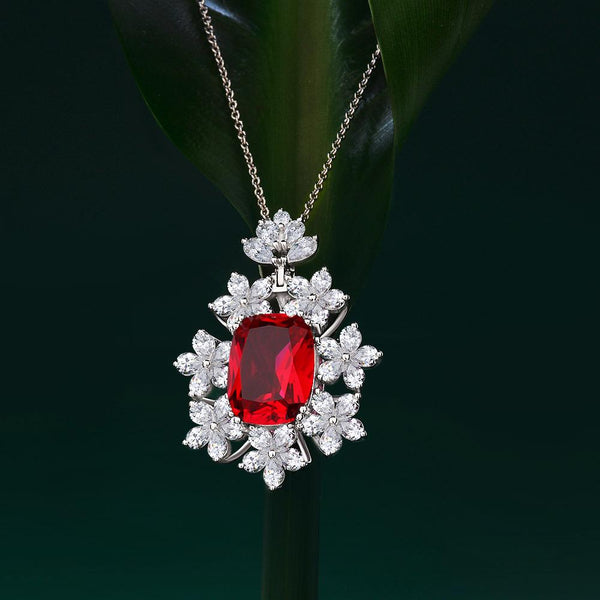 Crown Flowers Ruby Sterling Silver Pendant Necklace