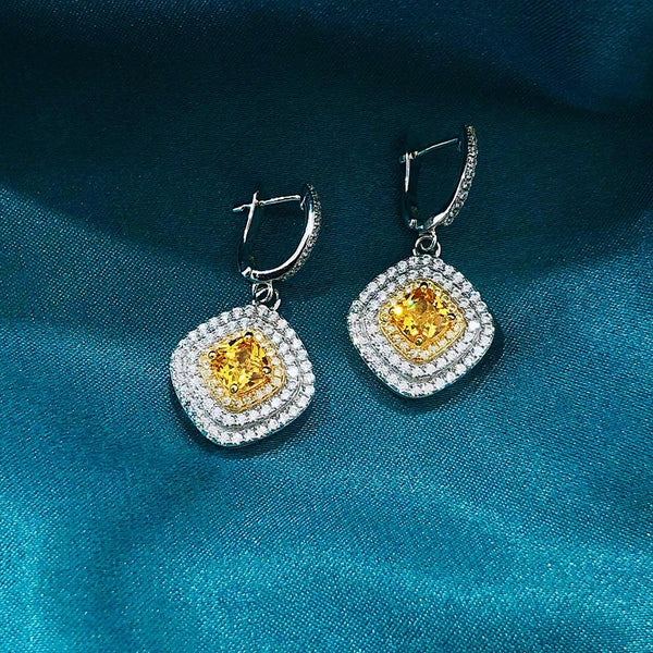 Cushion Cut Sterling Silver Yellow Drop Earrings