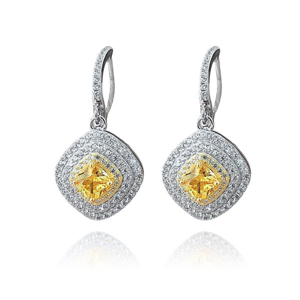 Cushion Cut Sterling Silver Yellow Drop Earrings