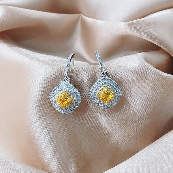 Cushion Cut Sterling Silver Yellow Drop Earrings