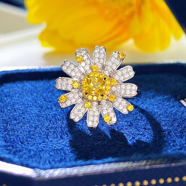 Daisy Flower Sterling Silver Yellow Engagement Ring