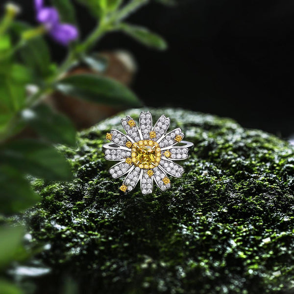 Daisy Flower Sterling Silver Yellow Engagement Ring