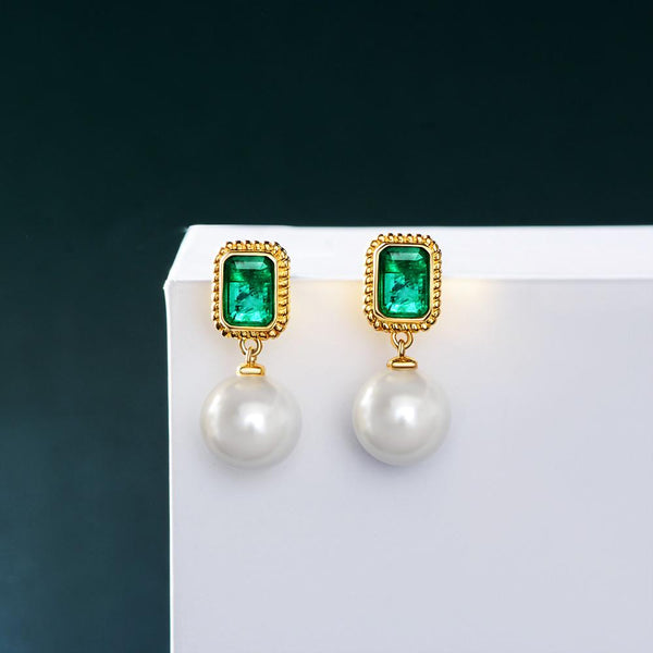 Emerald Round Cut Sterling Silver Pearl Earrings