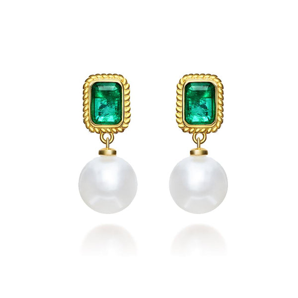 Emerald Round Cut Sterling Silver Pearl Earrings