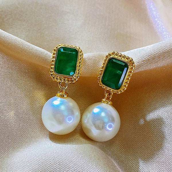 Emerald Round Cut Sterling Silver Pearl Earrings