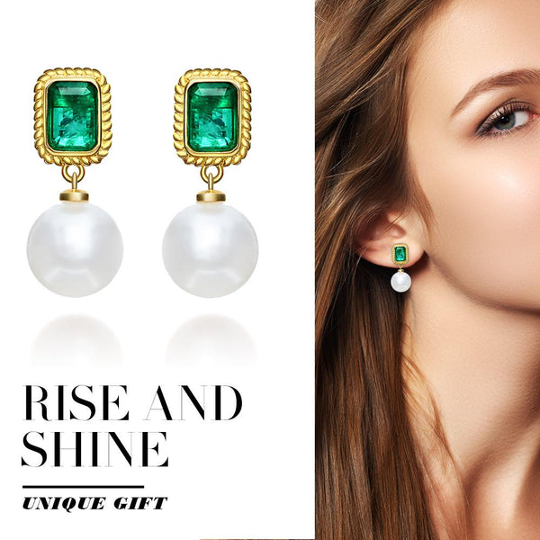 Emerald Round Cut Sterling Silver Pearl Earrings