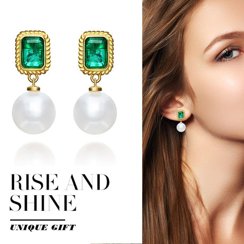 Emerald Round Cut Sterling Silver Pearl Earrings