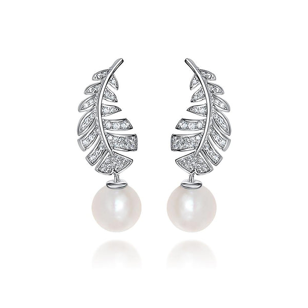 Feather Sterling Silver Pearl Stud Earrings