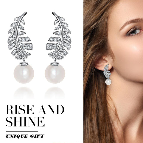 Feather Sterling Silver Pearl Stud Earrings