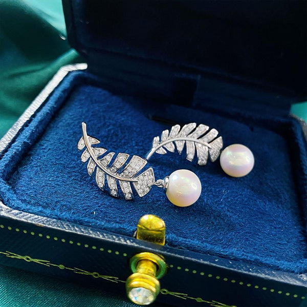 Feather Sterling Silver Pearl Stud Earrings