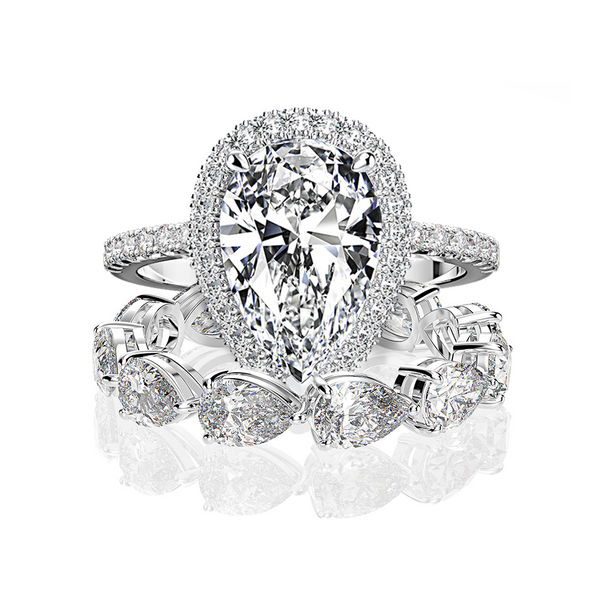 Halo Pear Cut 925 Sterling Silver Engagement Ring Set