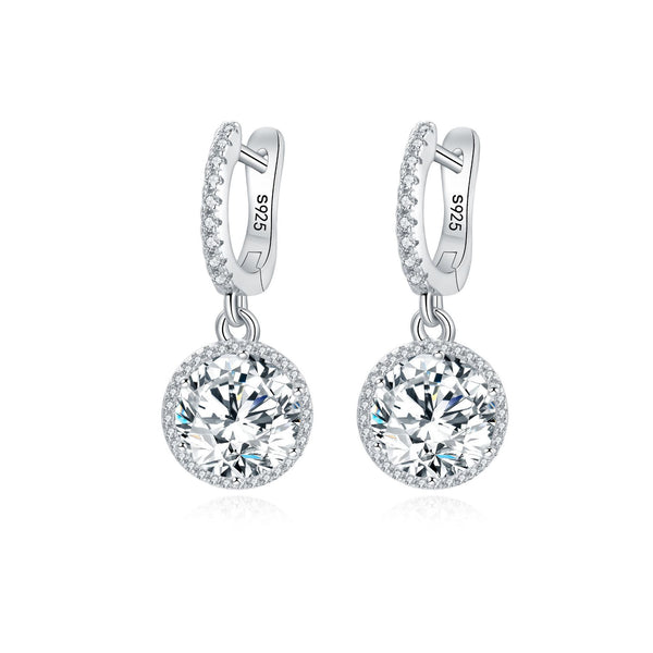 Halo Round Cut Sterling Silver Drop Earrings