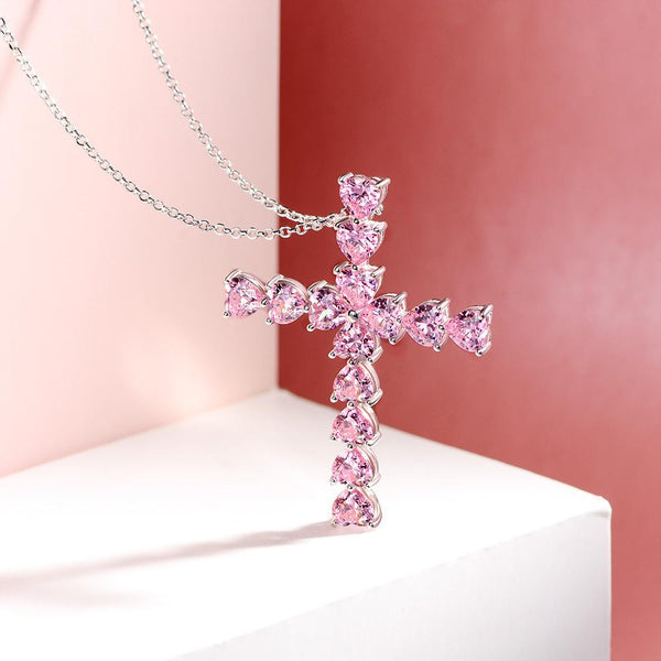 Heart Shaped Cross Pendant 925 Sterling Pink Necklace