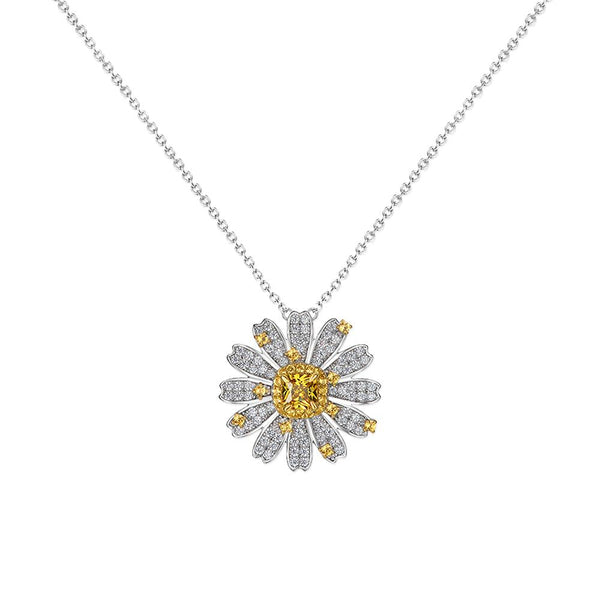 Daisy Flowers Round Cut Sterling Silver Yellow Necklace