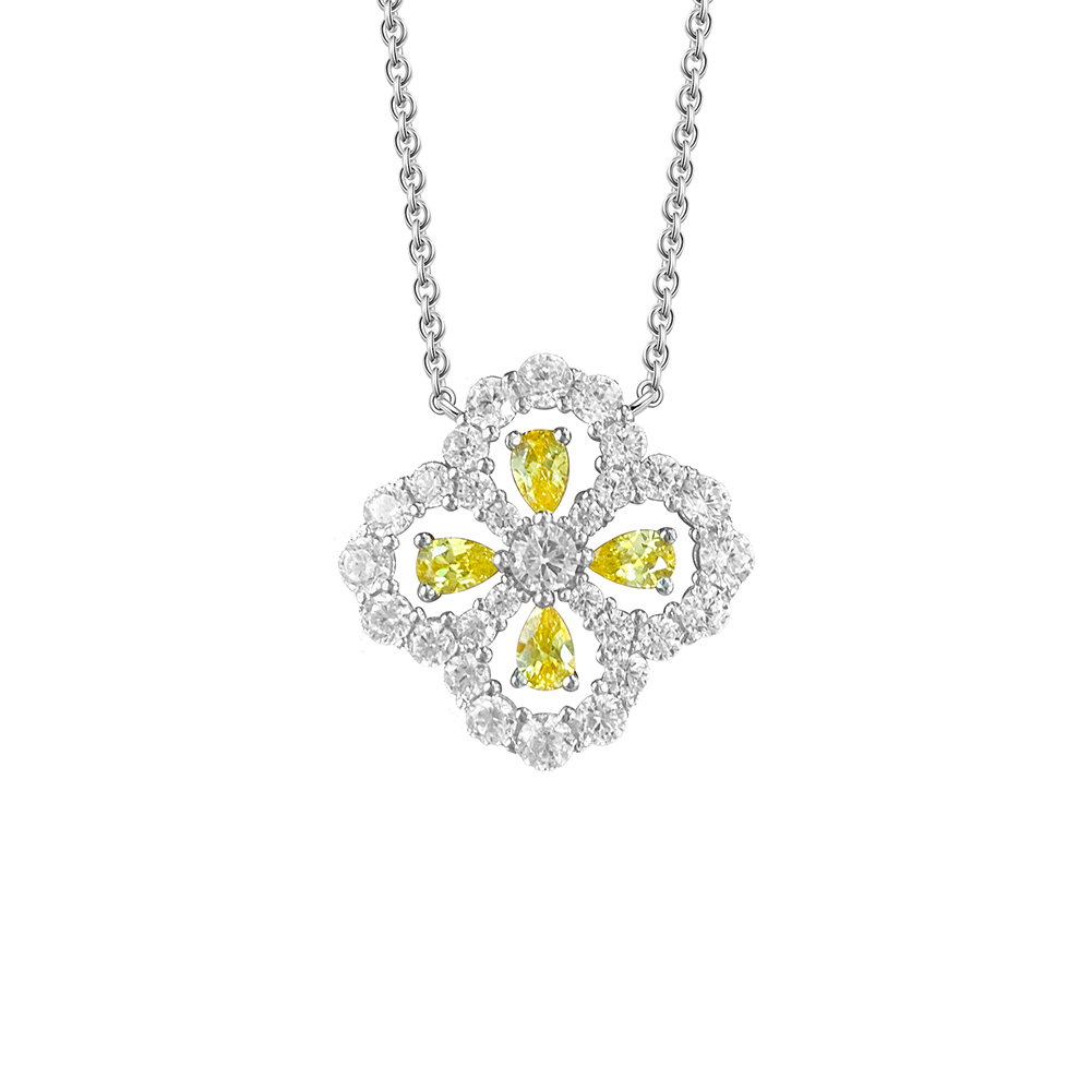 Snow Flower Pear Cut Sterling Yellow Silver Necklace