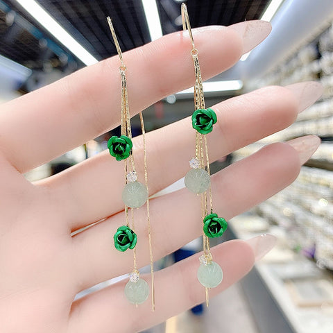 Presentski Green Flowers Tassels Earrings with Cymophane Drop Earrings for Women Birthday Gift