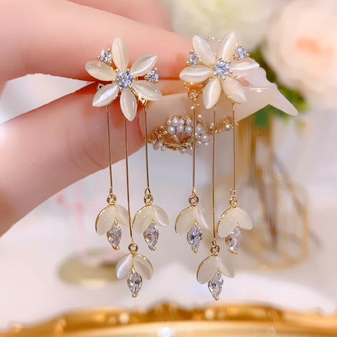 Presentski Fairy Flowers Tassels Earrings with Cymophane Drop Earrings for Women Birthday Gift