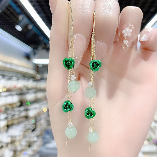 Presentski Green Flowers Tassels Earrings with Cymophane Drop Earrings for Women Birthday Gift